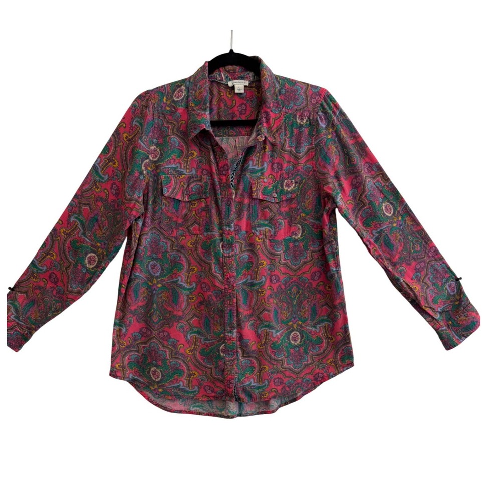 Sundance Paisley Button Down Shirt Womens L Pink Cotton Roll Tab Sleeve Boho - Picture 2 of 10